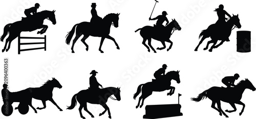 Equestrian Horse Riding Silhouette Collection with Jumping Racing Polo Dressage and Carriage Vector Set