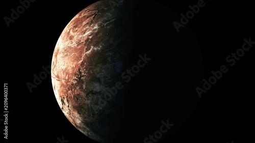 Dark rocky planet half lit against a black space background, showing a red brown surface and deep shadow