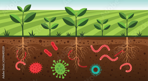 Soil ecosystem cross section vector illustration design featuring underground microorganisms earthworms and growing plant roots in field