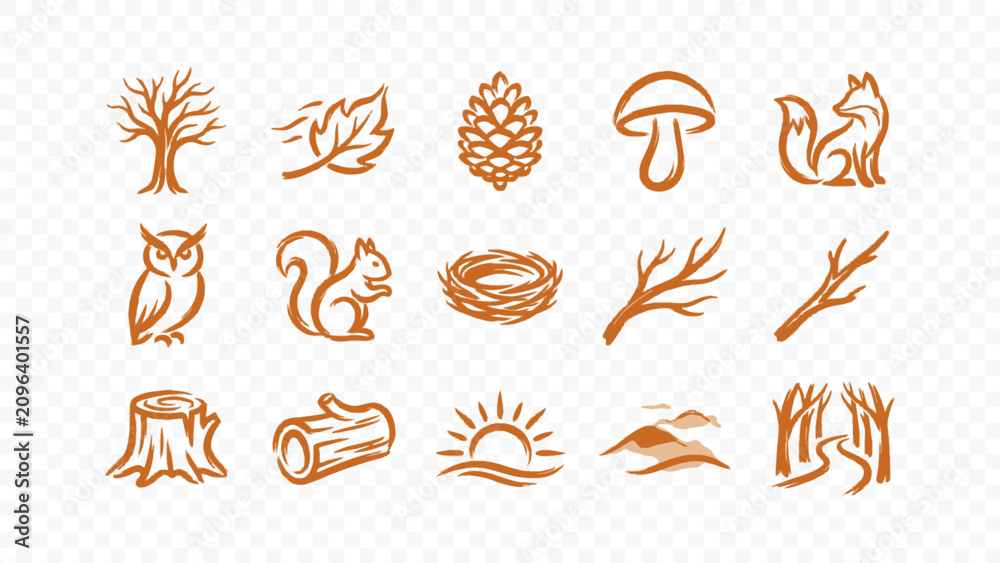 Fototapeta premium forest nature animals owl squirrel bird trees mushroom doodle handmade ink scribble flat line art vector illustration icon bundle set calligraphy drawing design woodland art