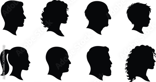 Human Face Profile Silhouette Collection with Men Women Children and Senior Vector Set