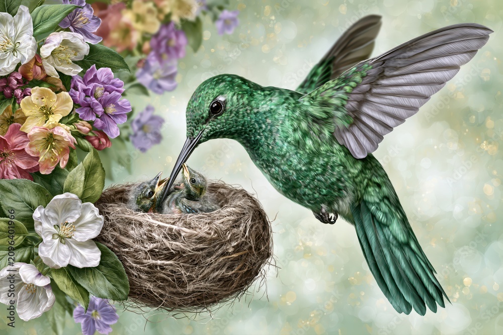 Fototapeta premium A vibrant green hummingbird carefully feeding its hungry chicks in a cozy nest surrounded by blooming flowers.