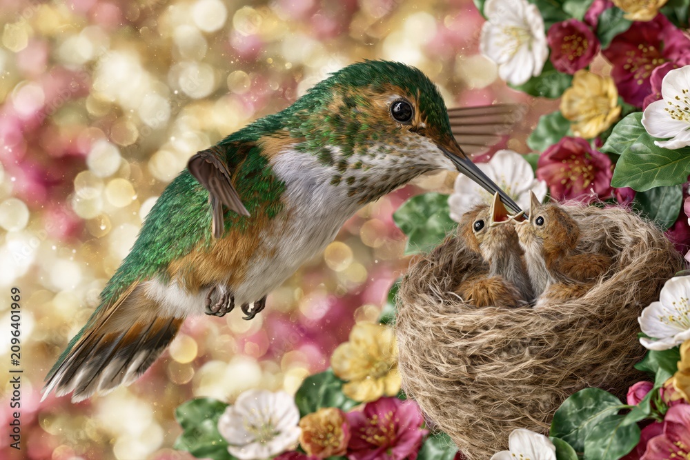 Fototapeta premium A mother hummingbird feeds her hungry chicks in a cozy nest surrounded by vibrant flowers and soft bokeh lights.