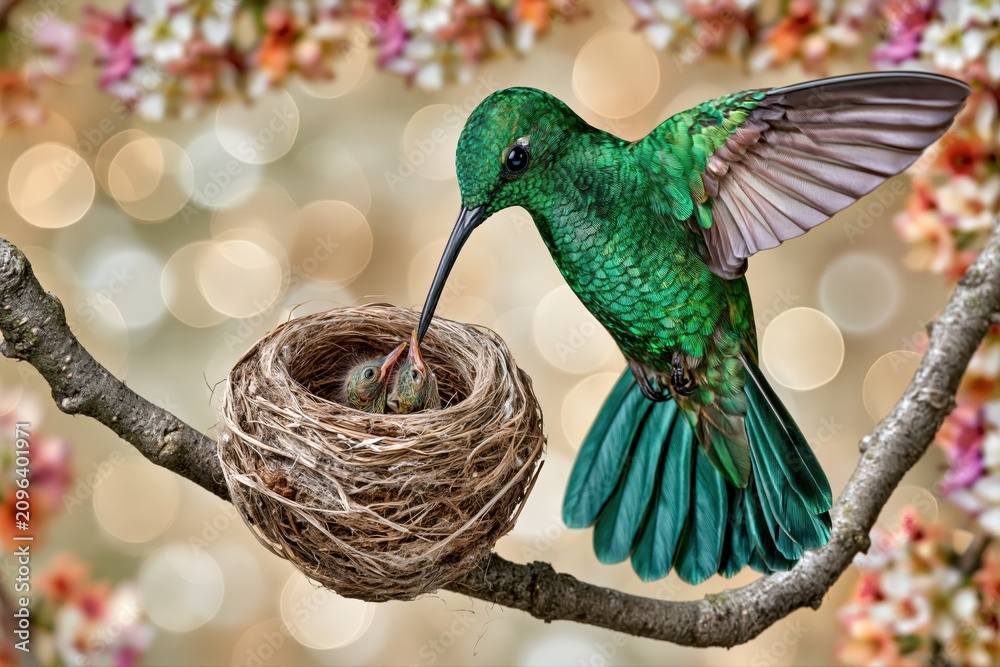 Fototapeta premium A vibrant green hummingbird feeding its two hungry chicks in a delicate nest on a branch