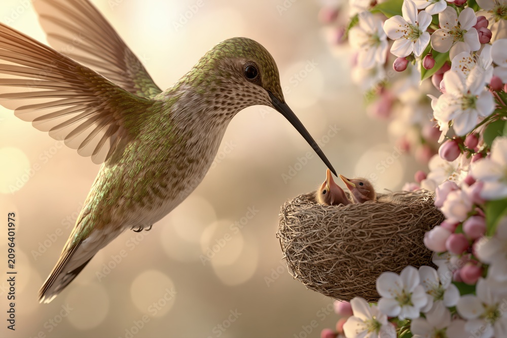 Fototapeta premium A mother hummingbird feeds her hungry chicks in a nest surrounded by delicate blossoms, a heartwarming moment of nature.