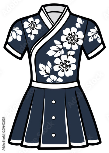 Illustration of a navy blue dress with a floral pattern