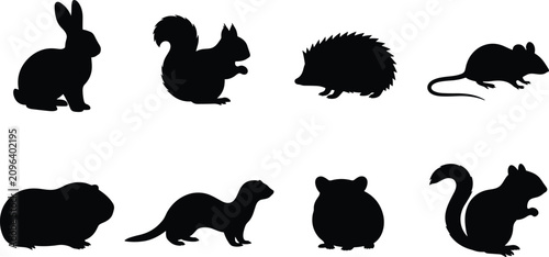 Small Mammal Silhouette Collection with Rabbit Squirrel Hedgehog Mouse Guinea Pig Ferret and Hamster Vector Set