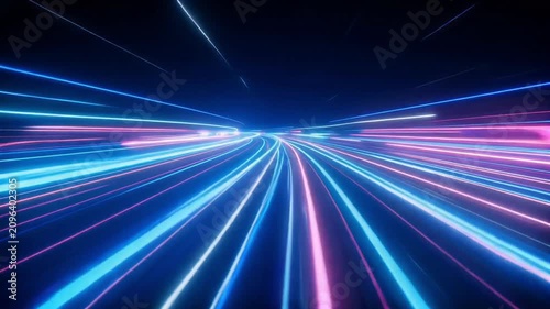 Glowing blue light streaks moving through a dark tunnel in this dynamic high speed motion video