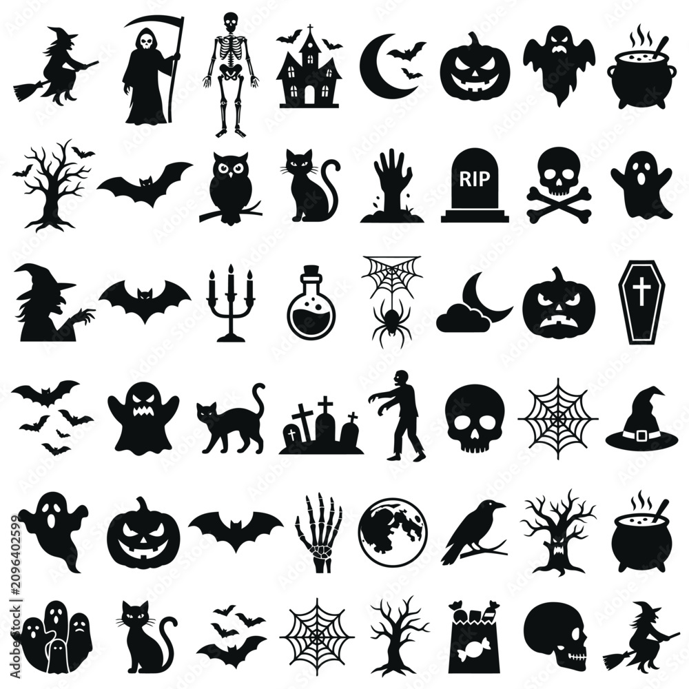 Fototapeta premium Large collection of miniature Halloween silhouettes and spooky icons.