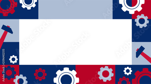 Manufacturing industry announcement frame with cogwheel design and hammer icons. This layout is for corporate Labor Day invitations, industrial project updates, and workplace notifications.