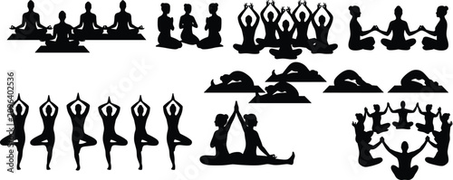 Yoga Silhouette Collection with Meditation Group Partner Poses and Wellness Exercise Vector Set