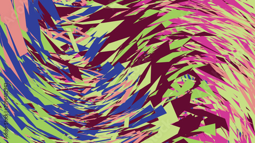 Fotografi Abstract swirling vortex design with chaotic sharp triangular shards in electric neon colors creating energetic movement and intense visual impact