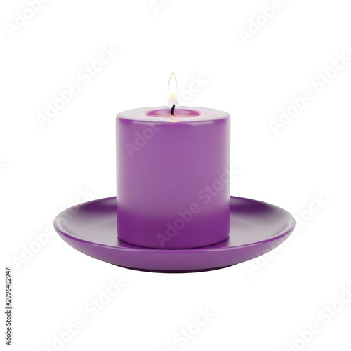 Purple candle, lit candle, violet wax, candle on plate, home decor