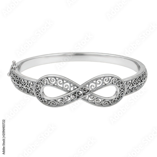 Infinity symbol, silver filigree, diamond bangle, jewelry