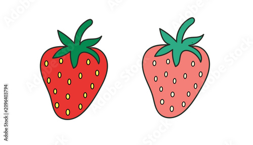 Two‑Tone Strawberry Duo Cartoon Illustration with Red and Pink Berries, Seeds, and Green Leaves in a Clean Minimal Style.