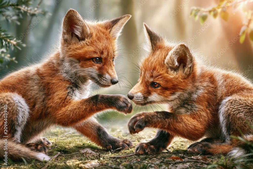 Fototapeta premium Two adorable young red foxes interacting playfully in a sun-dappled forest clearing, showcasing their fluffy fur and curious eyes.