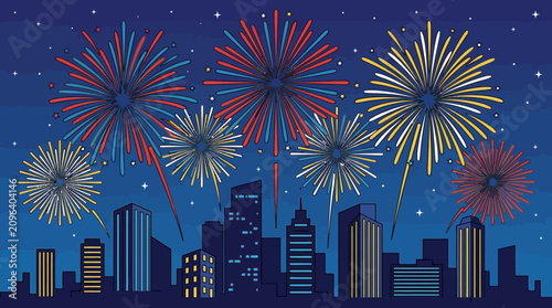 Colorful fireworks exploding over a city skyline at night