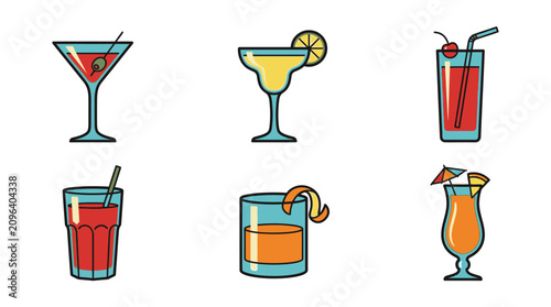 A set of six illustrated cocktails with different garnishes on a white background