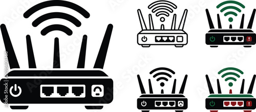 Silhouette style router icons with WiFi symbols on white, various power and status indicators