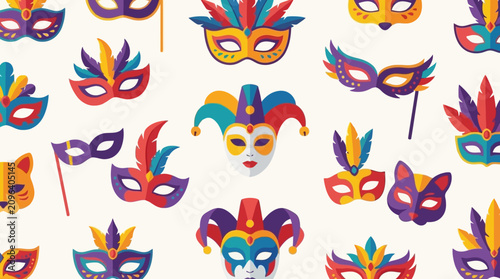 A colorful pattern of festive carnival and masquerade masks