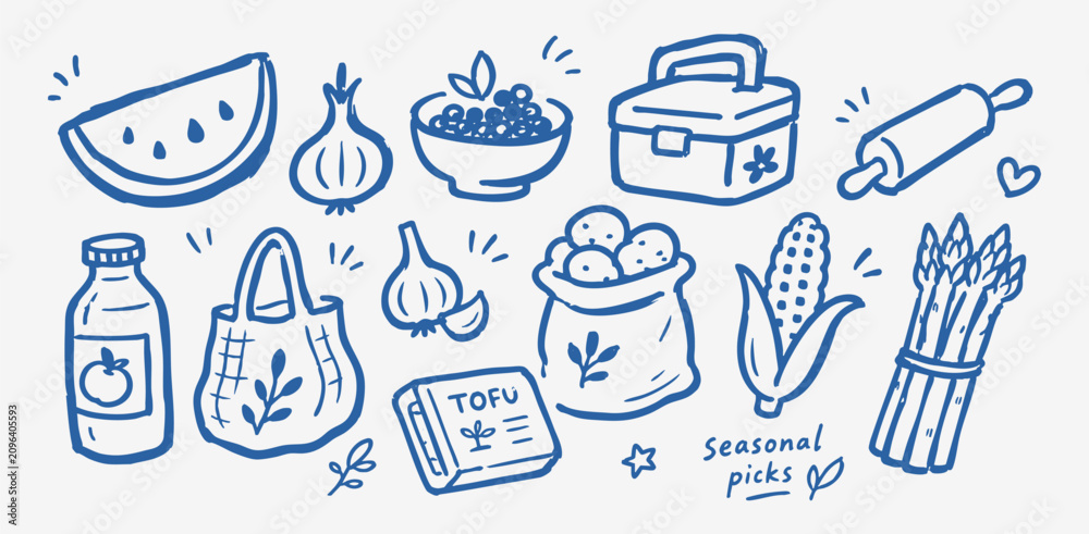 Fototapeta premium Seasonal fresh grocery doodle vector illustration with blue hand drawn organic food and market icons