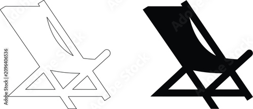 Beach chair icon set with folding outdoor lounger silhouette and simple line art for summer vacation resort travel design.