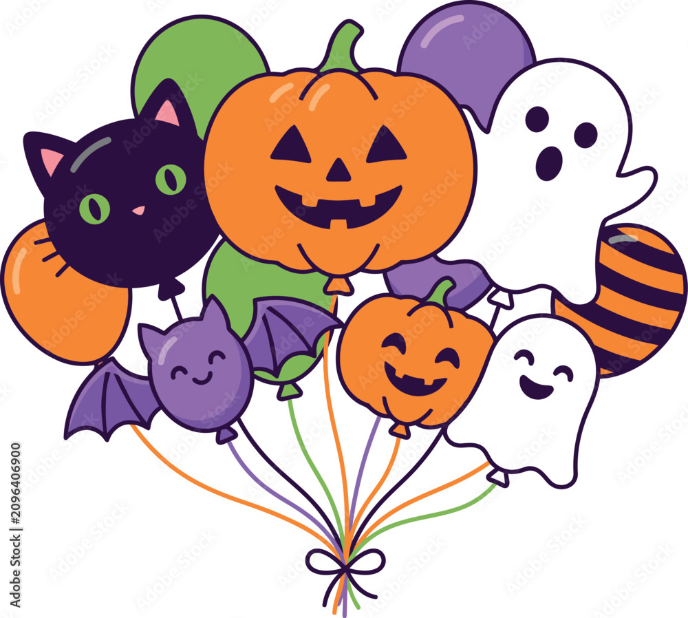 Obraz premium Cute halloween balloons bunch with pumpkins cats ghosts and bats