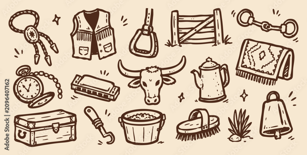 Fototapeta premium Wild west cowboy doodle icon set vector illustration with hand drawn ranch tools and western elements