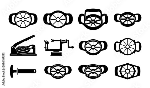 Foto Kitchen Gadgets Collection: Apple Corers, Slicers, and Peelers, Vector Icons for