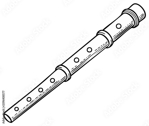 Simple illustration of a wooden recorder musical instrument with finger holes and bands
