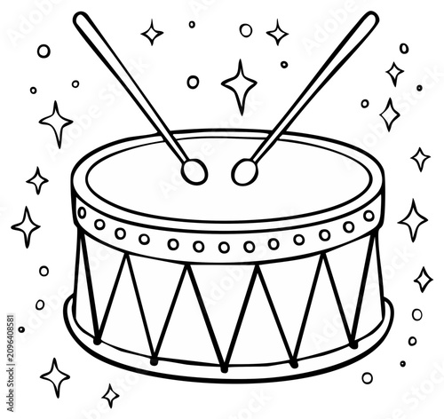 Child's toy drum with drumsticks and sparkling stars illustration
