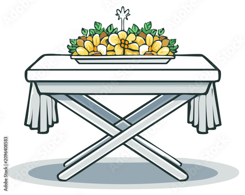 Cartoon illustration of a table with a centerpiece of yellow flowers and greenery