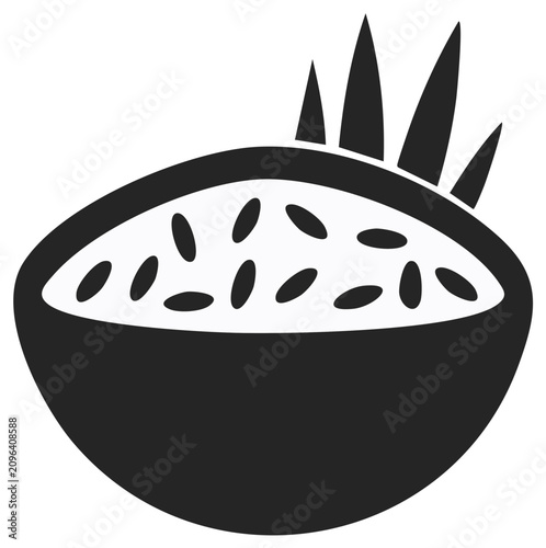 Simple Black and White Icon of a Bowl of Rice with Spikes of Grass