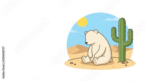 A lone polar bear sits in a desert landscape with a cactus under a bright sun Global Warming