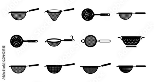 Billede på lærred Kitchen Strainer Collection, 12 Vector Icons Set: Sieve, Colander, Mesh Tools fo