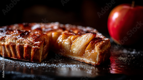 Freshly baked apple galette pie sliced on dark stone surface with homemade