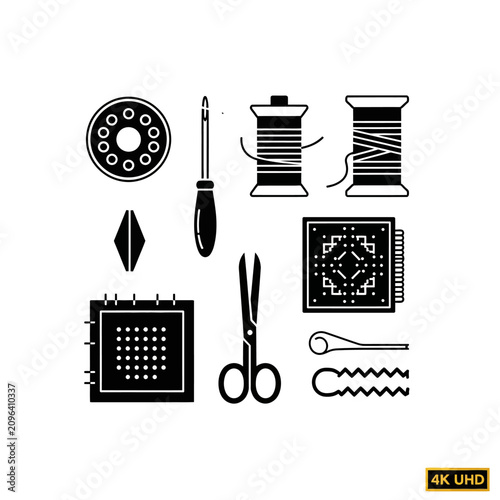 Sewing Tools Icon Set: Scissors, Thread, Bobbin, Needle, and Gauge