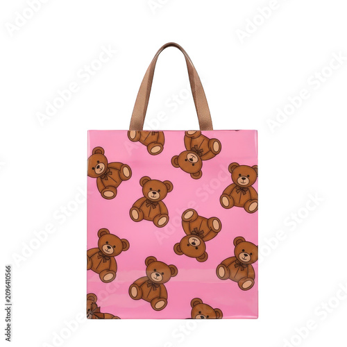 Pink teddy bear tote bag, brown leather handles, cute shopping bag, colorful accessory