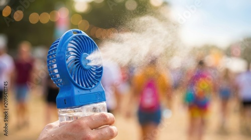 A hand holds a portable blue mister fan spraying water mist on a warm summer day