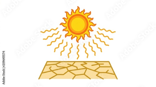 Stylized illustration of the sun emitting heat waves onto dry cracked earth Global Warming
