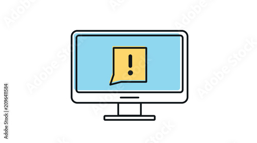 Desktop computer system warning icon: PC workstation displaying exclamation mark alert symbol on screen, modern offset color line art vector illustration.