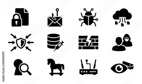 Cybersecurity Icon Set: Data Protection, Network Security, Malware Threats, and Digital Privacy Icons for Technology and Business Concepts
