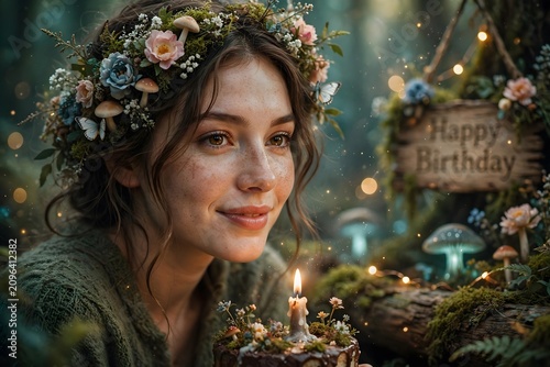 Beautiful young woman with flower crown celebrating birthday in enchanted forest, magical woodland birthday cake and fairy lights concept