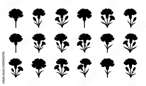 Carnation Silhouettes Vector Set, Floral Icons Collection, Botanical Graphics for Design, Simple Flower Emblems, Black and White Botanical Elements