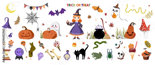 Photos Large Halloween vector clipart collection featuring a cute witch, magic cauldron