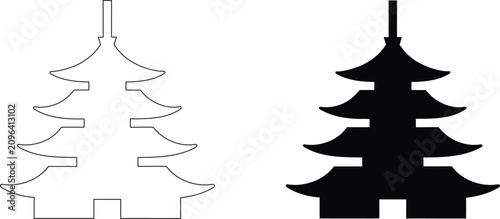 Japanese pagoda icon set featuring traditional temple structure in black outline and solid silhouette design for travel.
