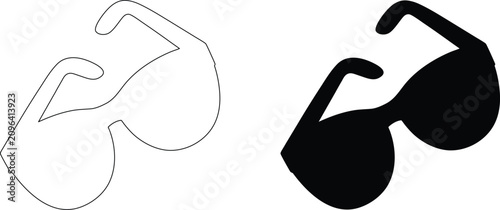 Modern sunglasses icon design featuring outline and black solid silhouette styles for fashion and sun protection themes.