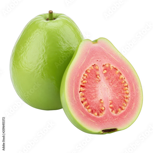 Fresh green guava fruit, pink guava cut in half, tropical fruit