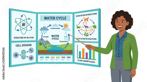 Smiling teacher explaining water cycle with educational poster
