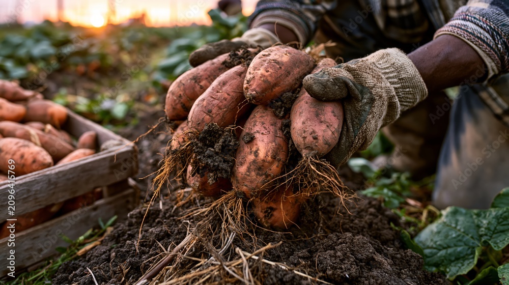 Fototapeta premium Farmer lifting a clump of freshly dug earthy sweet potatoes from a field row in an autumn field. Concept of sweet potato harvesting.